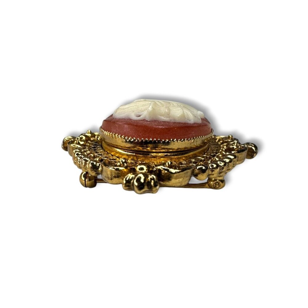 Vintage Avon Gold Tone Cameo Perfume Solid Locket Brooch - Picture 7 of 10